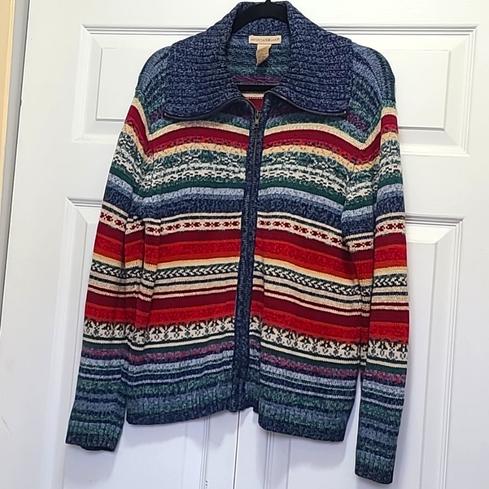 Vintage‎ Mountain Lake Fill Zip Cardigan Sweater Large Striped Mutilcolor RAMIE